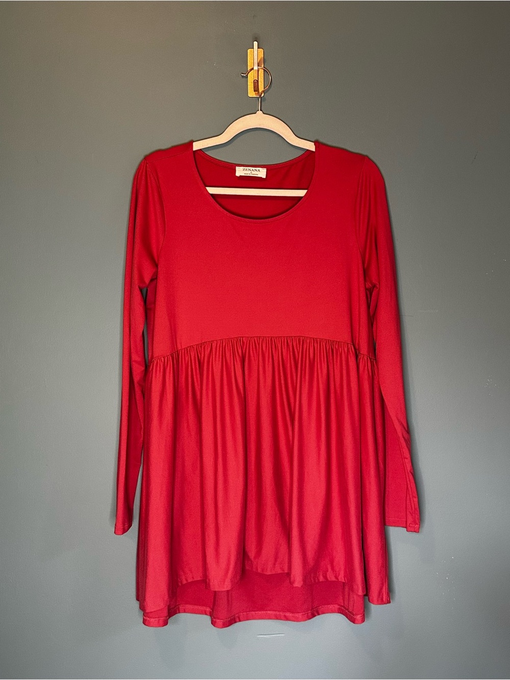 Zenana Red Babydoll Tunic Top Large Long Sleeve Empire Waist Stretchy - Picture 7 of 8